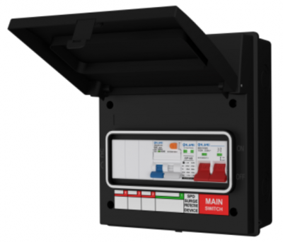 Liveelec IP65 8 way EV Black Metal Enclosure c/w 20/40kA DP SPD + 40A Twin Switch Type A RCBO